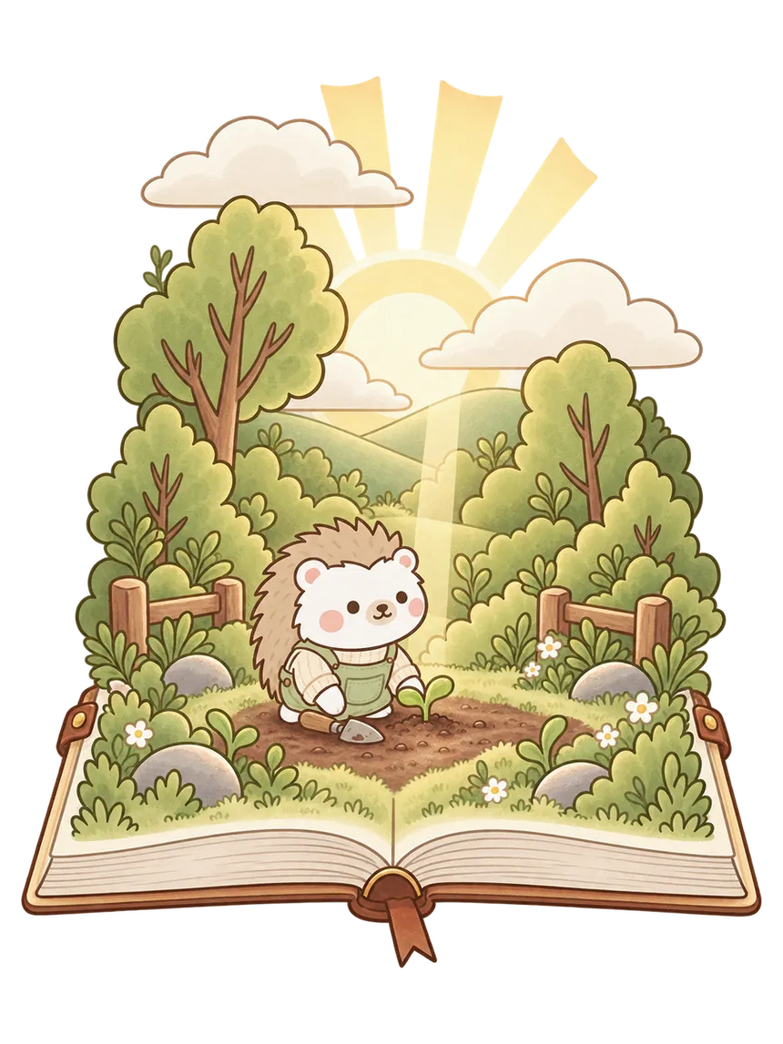 A pop-up storybook scene: Tochi planting a seedling in a sunlit meadow