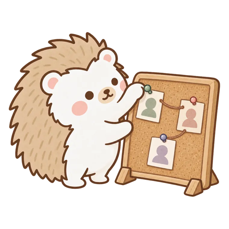 Tochi pinning portraits and connections onto a cork board