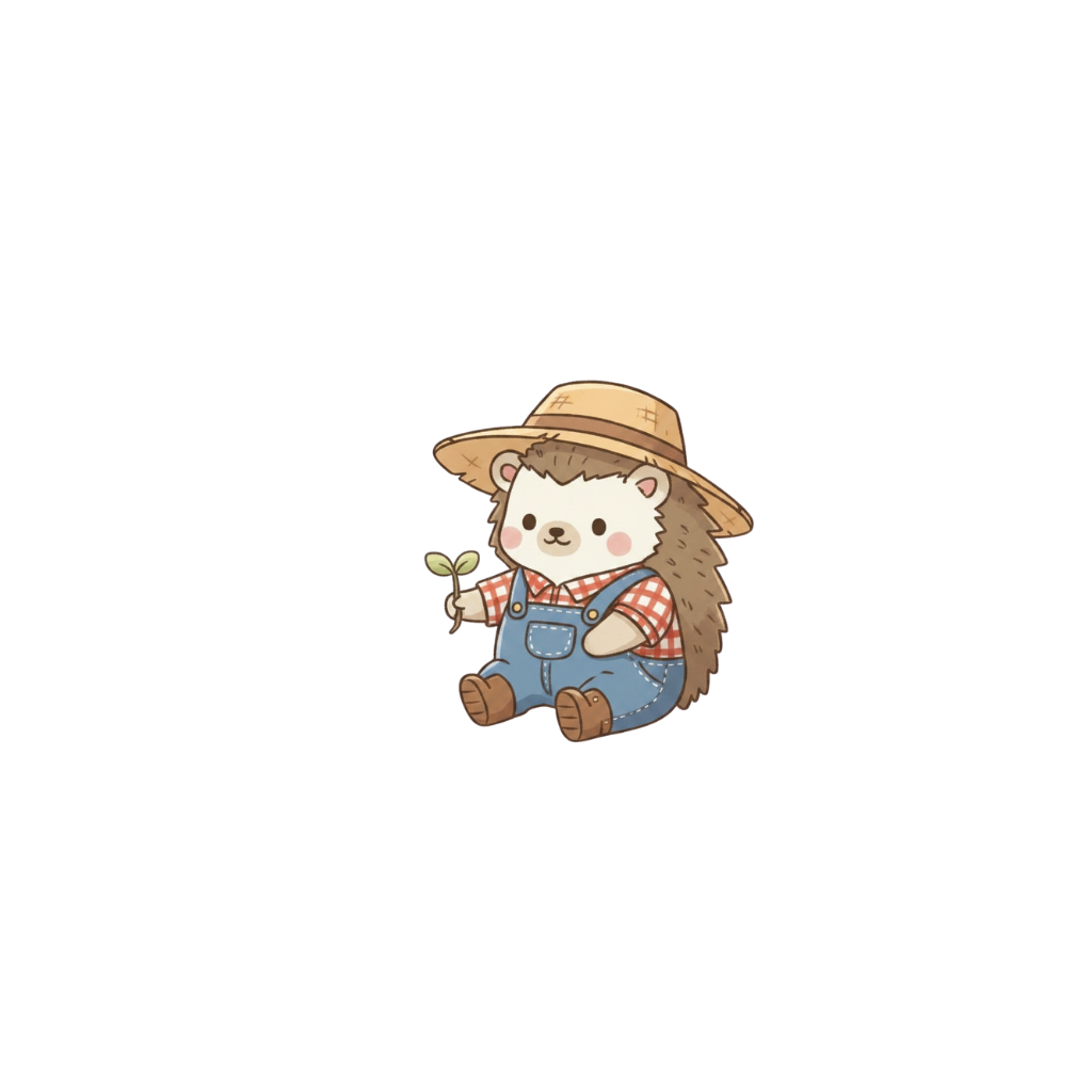Tochi the hedgehog in overalls and a straw hat, holding a tiny seedling