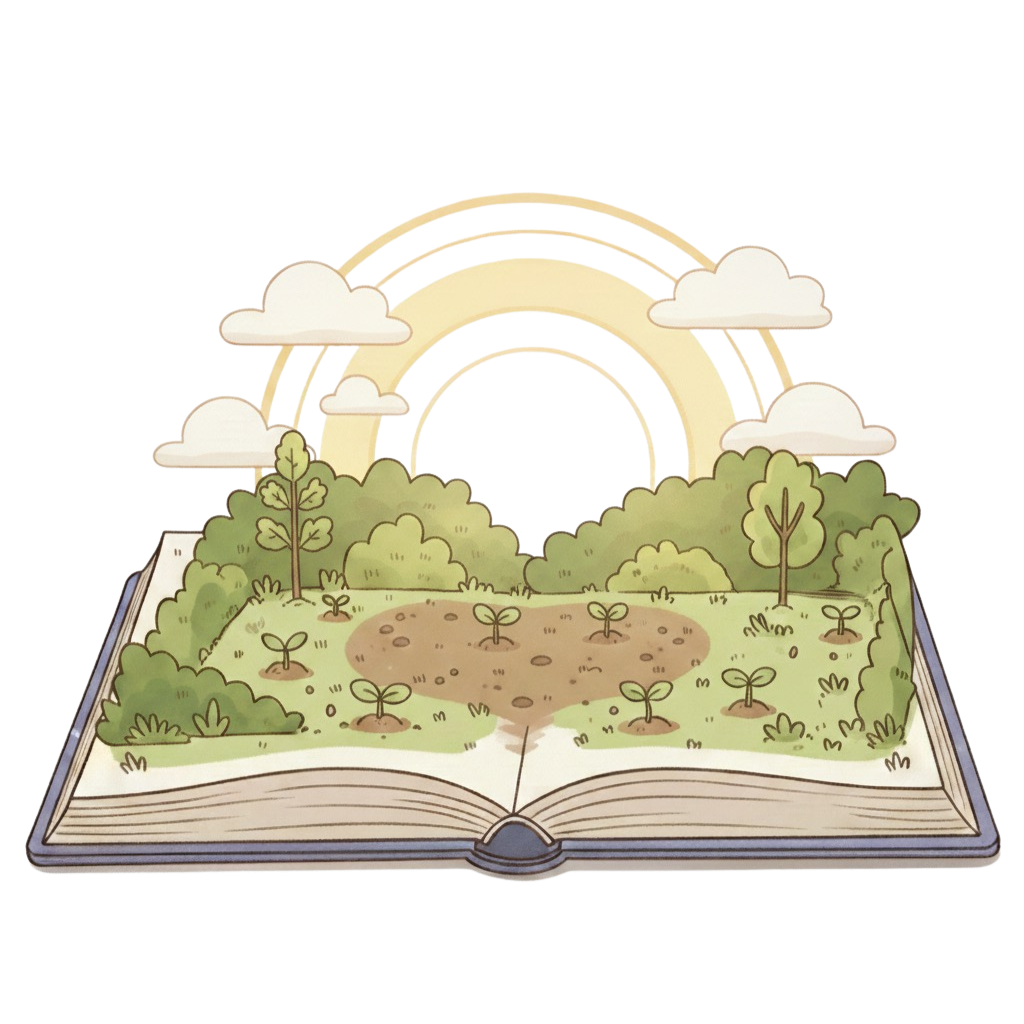 A pop-up storybook garden with seedlings, clouds, and morning light