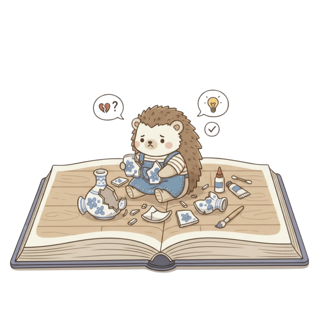 Tochi on an open storybook, carefully mending a broken vase with glue