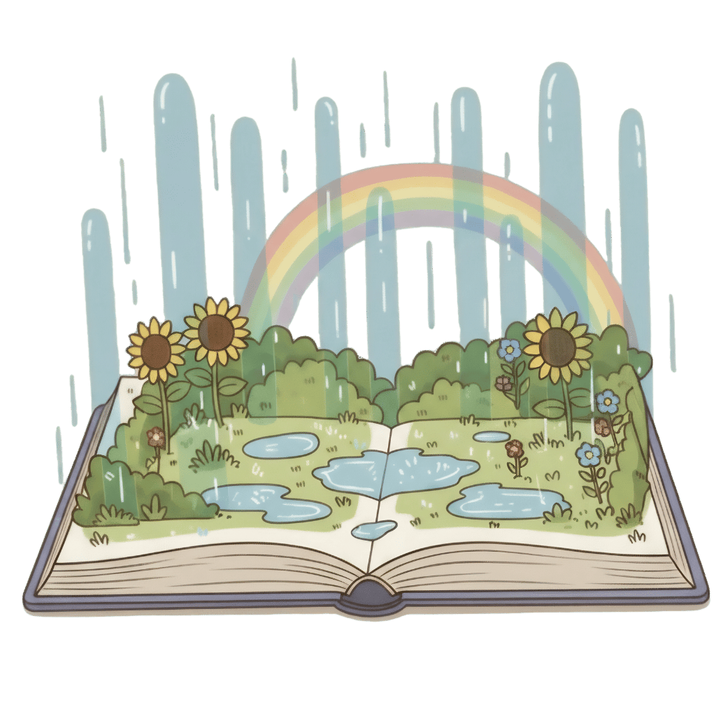 Pop-up book meadow in the rain with a rainbow rising behind