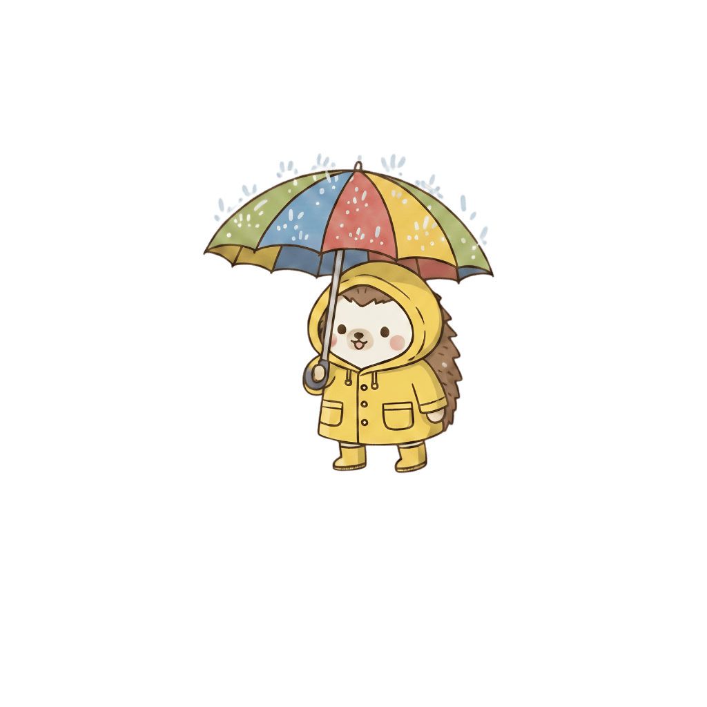 Tochi in a yellow raincoat under a colorful umbrella