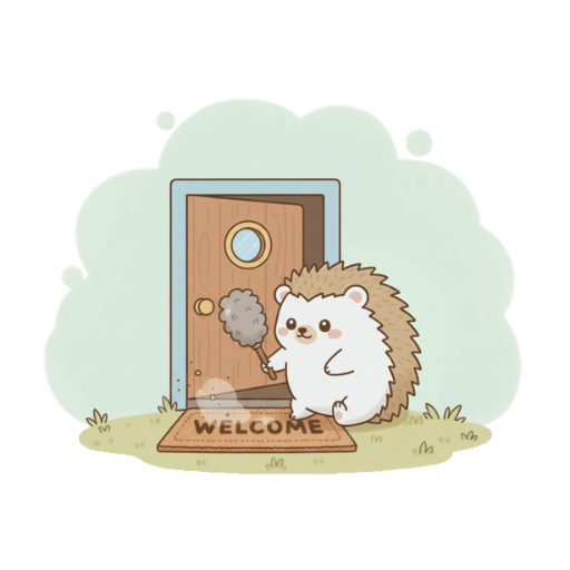 Tochi tidying up in front of a little door with a welcome mat